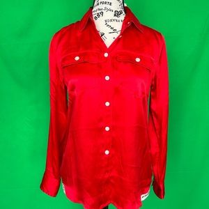 NWT J. Crew Always Red 100% Silk Botton Front Ladies’ Blouse. Size 0P.